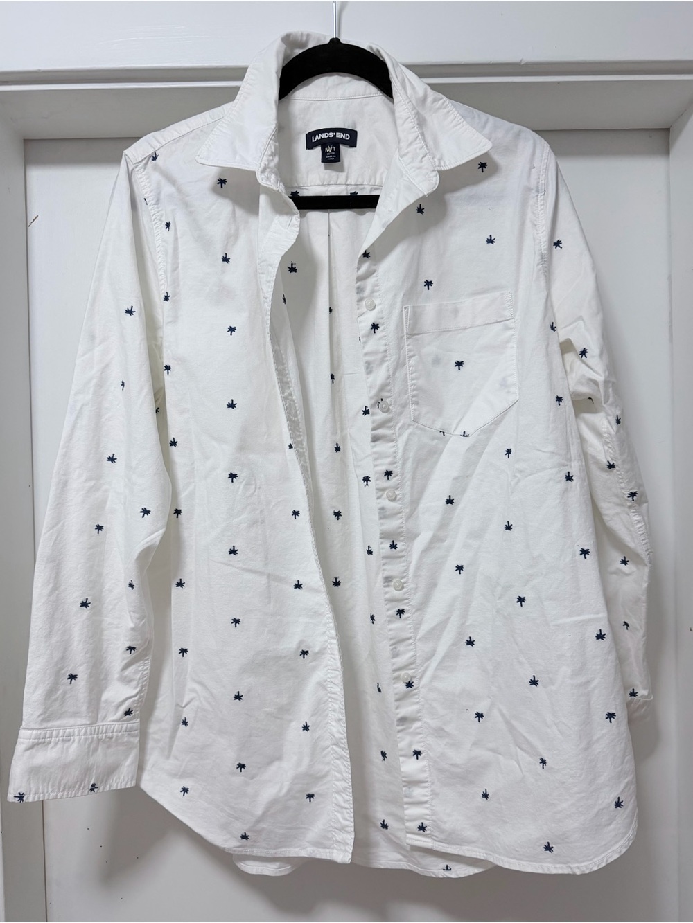 Lands' End White Button-Down Shirt with Navy Micro Embroidery